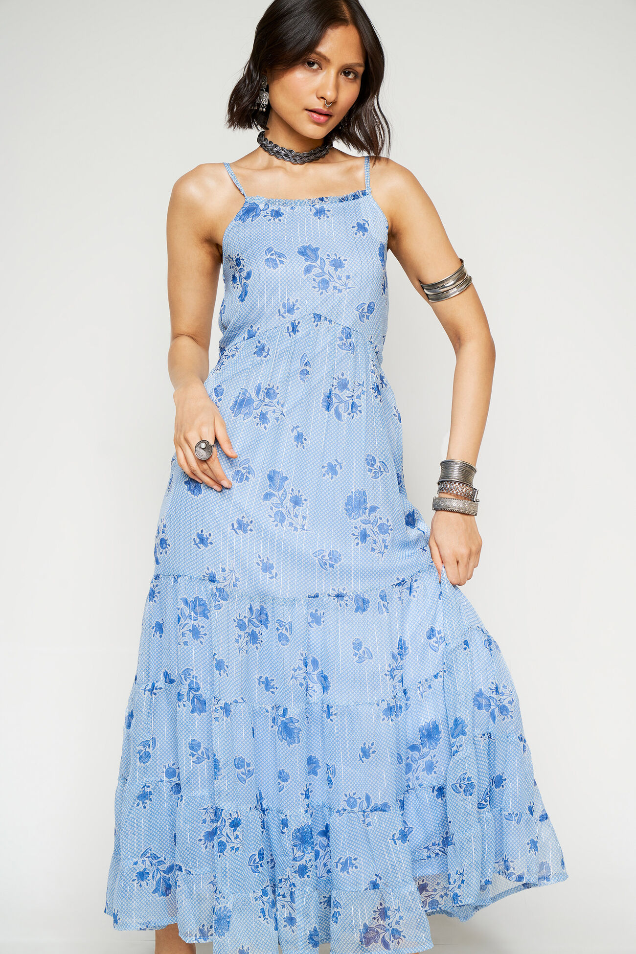 Blue Floral Gathered Straight Gown, Blue, image 3